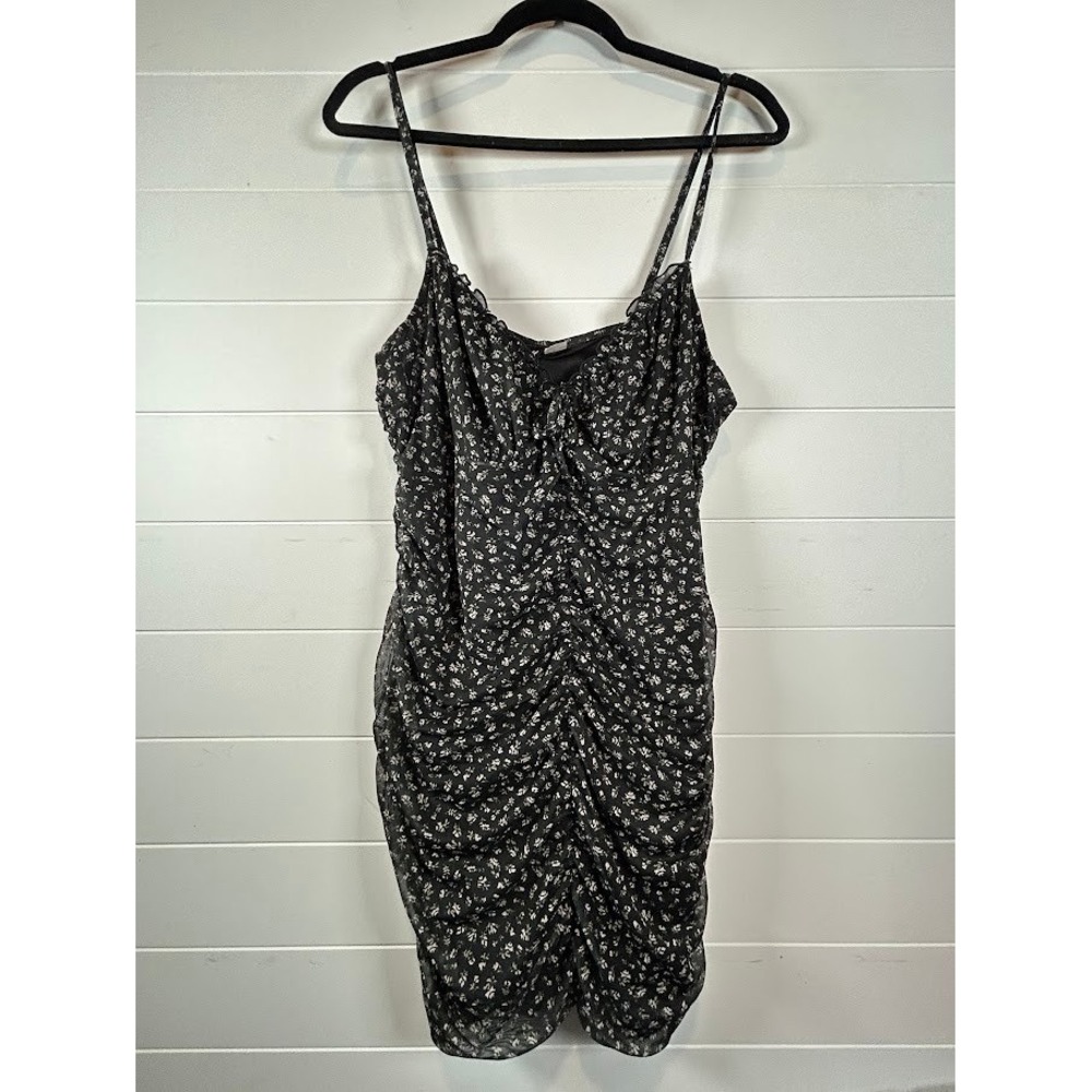 H&M Divided Black Floral Mesh Ruched Mini Dress XL Sweetheart Neck Bodycon Y2K